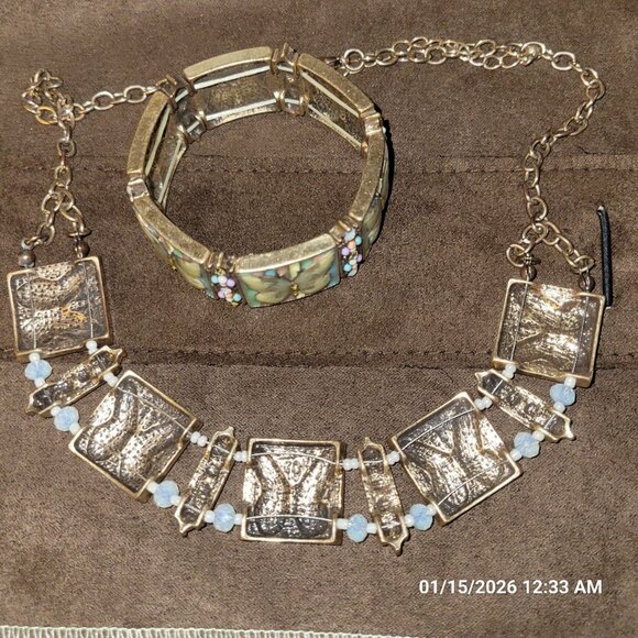 Kirks Folly 80s Enamel Butterfly Stretch Rhinestone Bracelet Panel Necklace Set - Picture 8 of 10